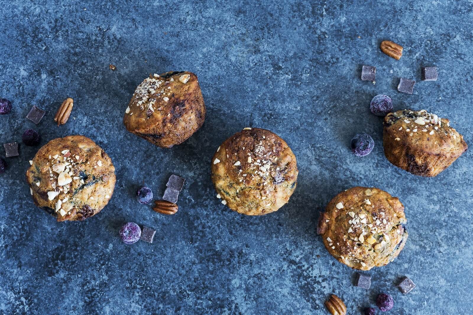 Image of Gluten-Free Banana Muffins with Blueberries, Pecans and Chocolate Chunks