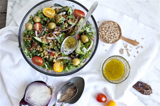 Image of Farro Salad with Olives, Medjool Dates, and Mediterranean ProactivChia Dressing