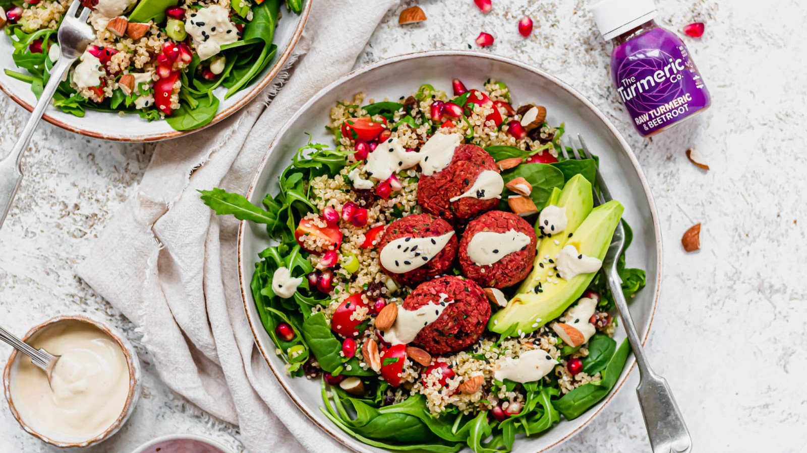 Image of Beetroot Falafel Salad with Spinach, Quinoa and Almonds