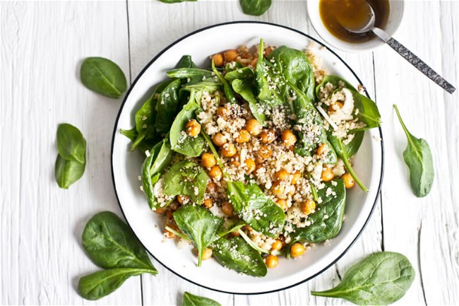 Image of Spinach Salad with Bulgur, Roasted Chickpeas, and Hemp