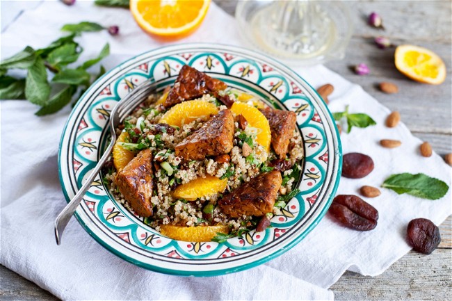 Image of Moroccan quinoa salad with orange infused Noble Bean Tempeh