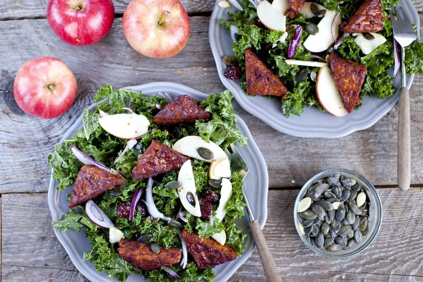 Image of Apple, Cranberry and Kale Salad with BBQ Tempeh