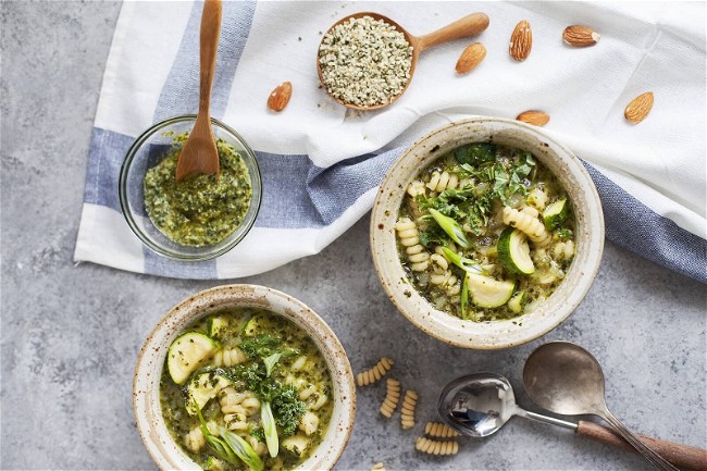 Image of Vegetable Noodle Soup with Homemade Pesto 