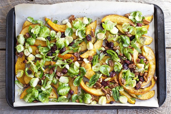 Image of Maple-Spice Roasted Squash with Brussels Sprouts, Pecans and Cranberries