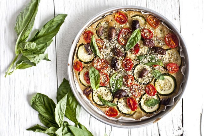 Image of Summer Pizza with Grilled Vegetables, Hemp and Kalamata Olives
