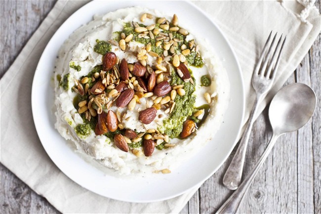Image of Rustic Mashed Potatoes with Pesto and Grilled Nuts