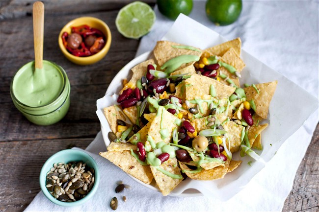 Image of Nachos with Black Beans, Corn and Cashew-Lime Sauce 