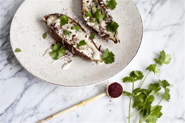 Image of Roasted Eggplant with Tahini Sauce, Sumac and Cilantro