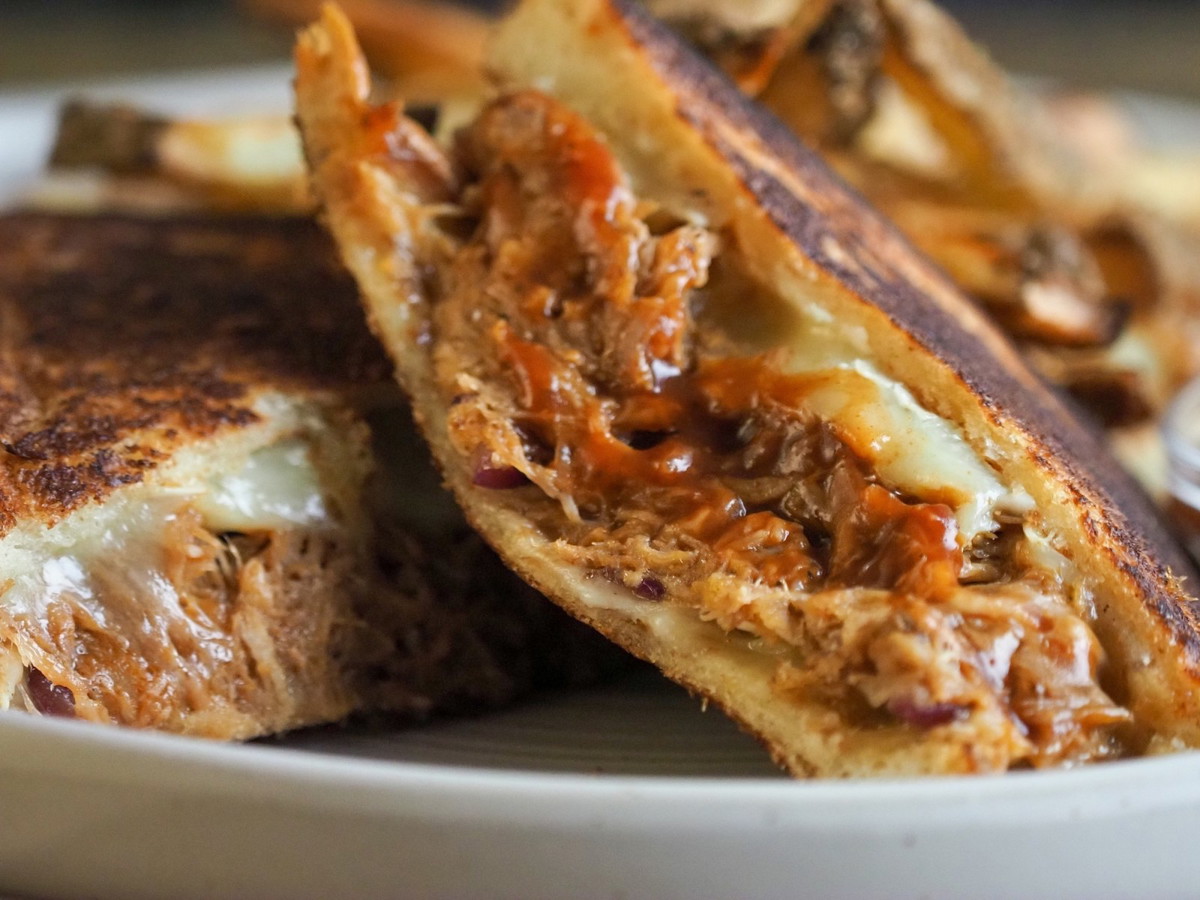 Peach Whiskey Brie Pulled Pork Sandwich