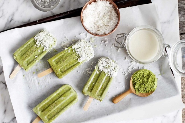 Image of Matcha, Chia, and Coconut Popsicles 