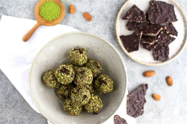 Image of Almond and Matcha Magic Chocolate Bark “Cookie Dough” Energy Balls 
