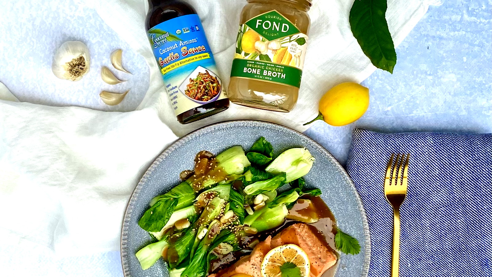 Image of Poached Salmon & Bok Choy with a Lemon Garlic Coconut Aminos Sauce
