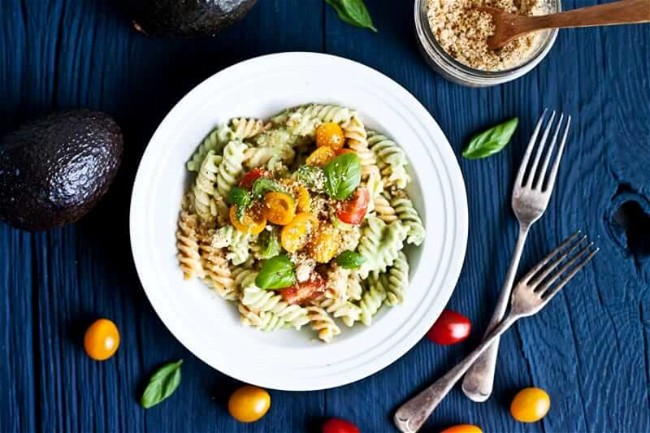 Image of Creamy Avocado And Basil Pasta With Tomato Salsa And 