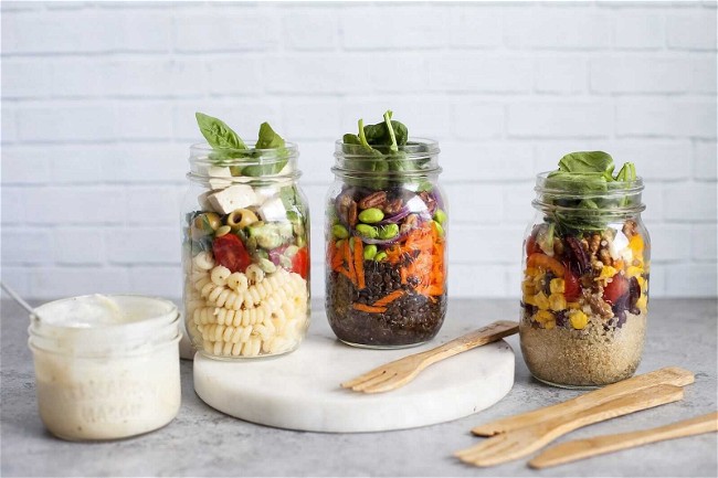 Image of Mason Jar Salads Three Ways, With Garlic-Lemon Tahini Sauce