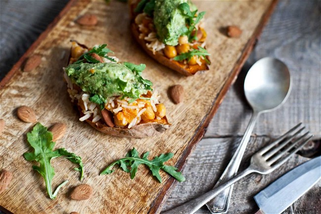 Image of Sweet Potatoes Stuffed with Chickpeas and Rice with Avocado Guacamole