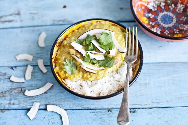 Image of Coral Lentil Dhal with Coconut Milk and Coconut Strips