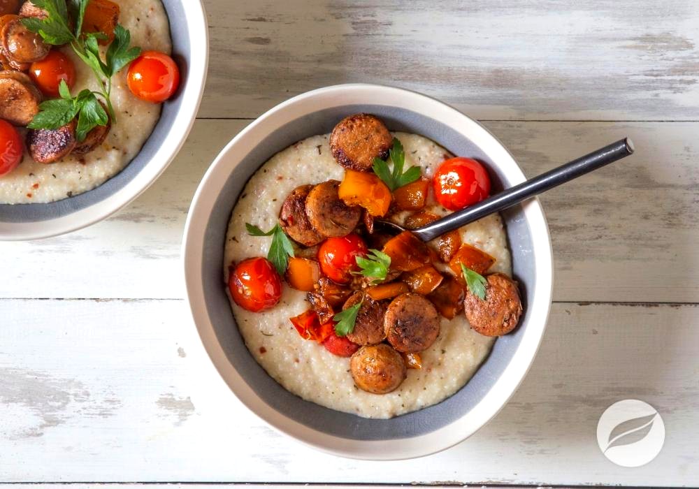 Image of Cheesy Grits with Sausage & Tomatoes