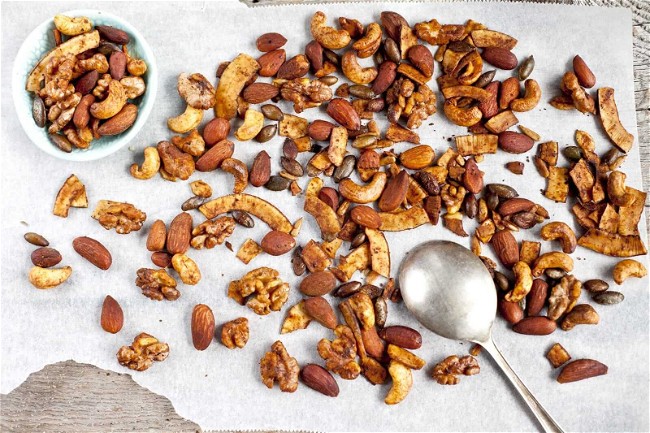 Image of Homemade Spiced Nuts and Coconut Strips 
