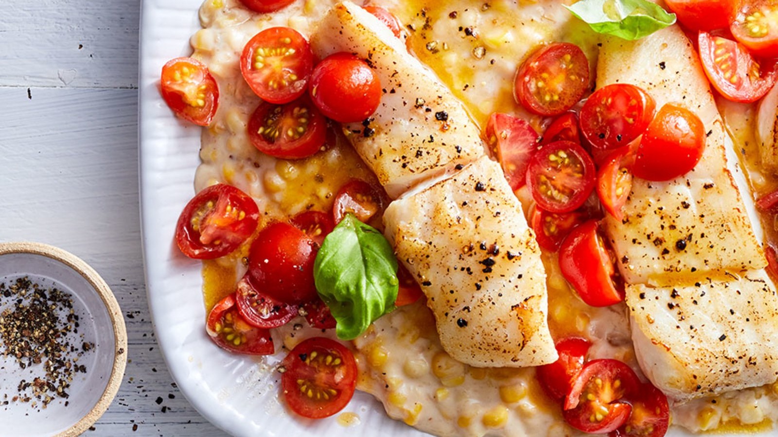 Image of Pan-Seared Halibut with Creamed Corn & Tomatoes
