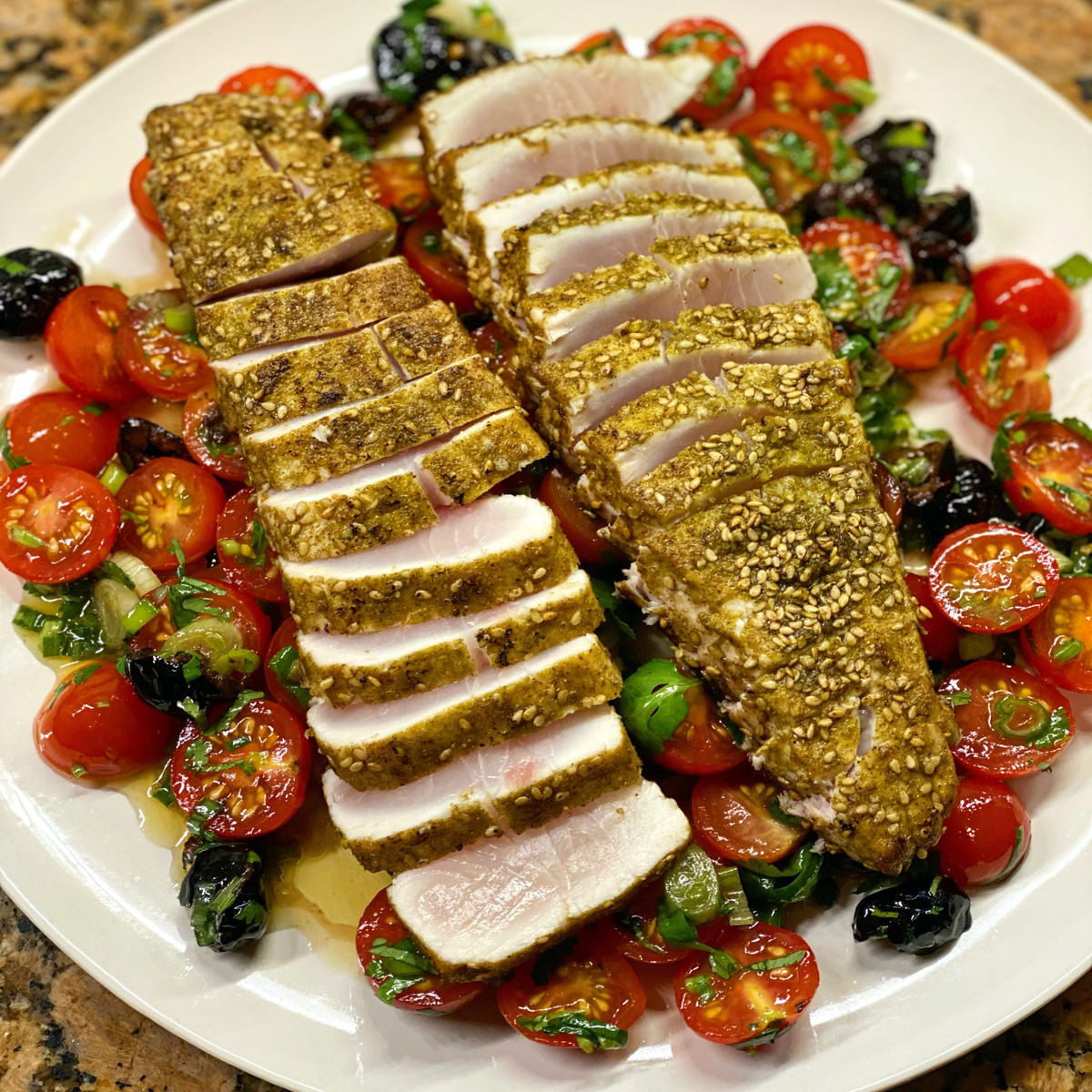 Za'atar Seared Hamachi over Tomato & Olive Salad