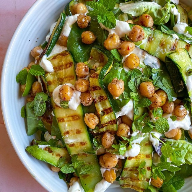 Image of  Grilled Courgette + Chickpea Salad with Lemony Yoghurt