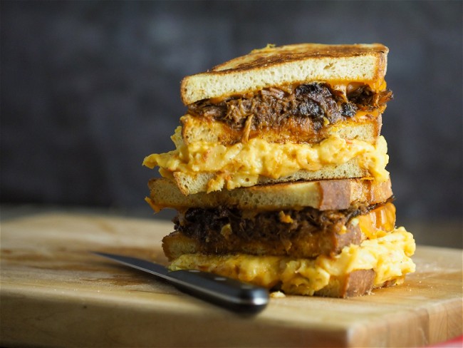 Image of Mac 'N Cheese Pulled Pork Grilled Cheese
