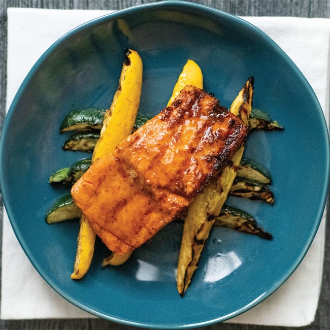 Image of Grilled Salmon And Squash With Brown Sugar Bourbon Glaze