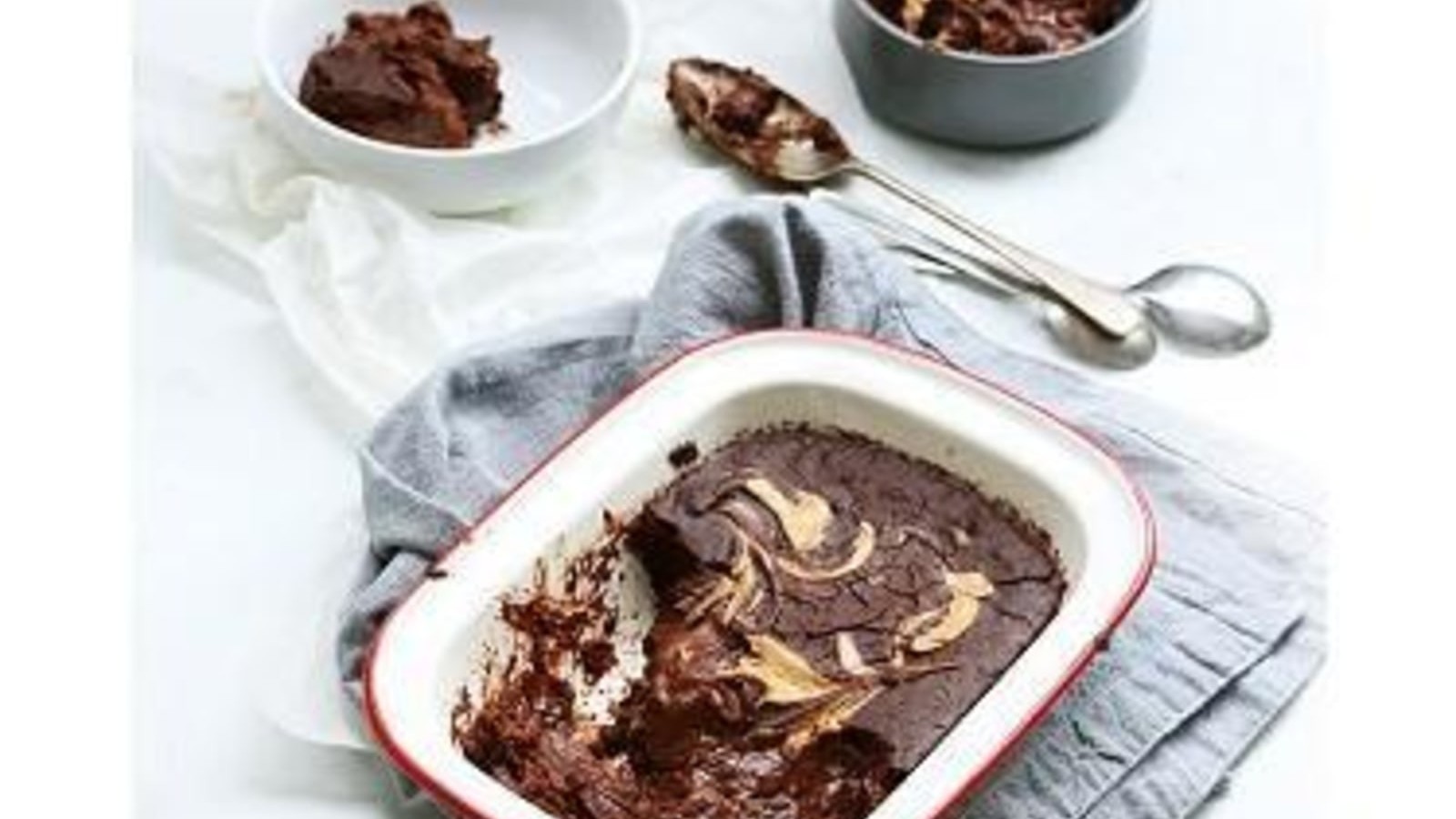 Image of Vegan one-pan chocolate pudding cake with peanut butter swirl