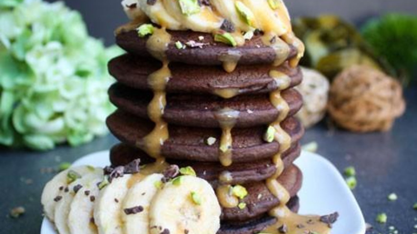 Image of Cacao Maca pancakes and salted toffee sauce