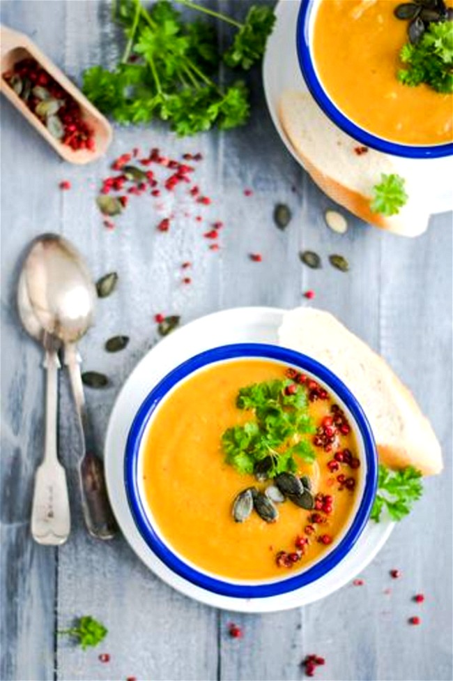 Image of Spiced Pumpkin Sweet Potato Soup With Carrots