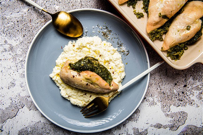 Image of Pistachio-Mint Pesto-Stuffed Chicken Breasts with Mashed Cauliflower
