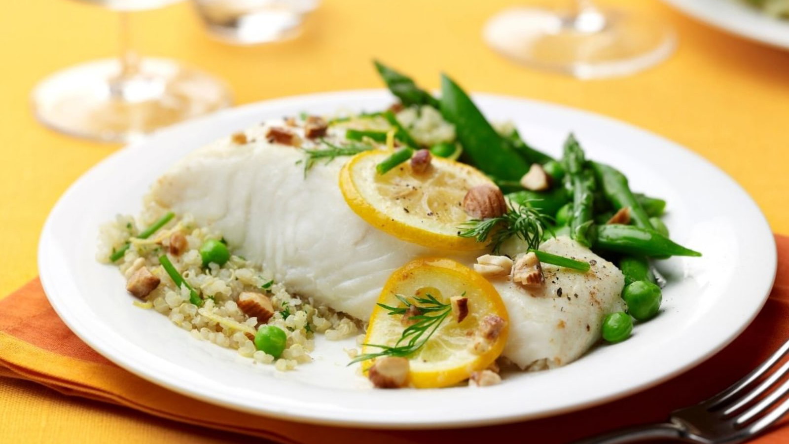 Image of Lemon Roasted Halibut with Quinoa, Almonds and Spring Vegetables