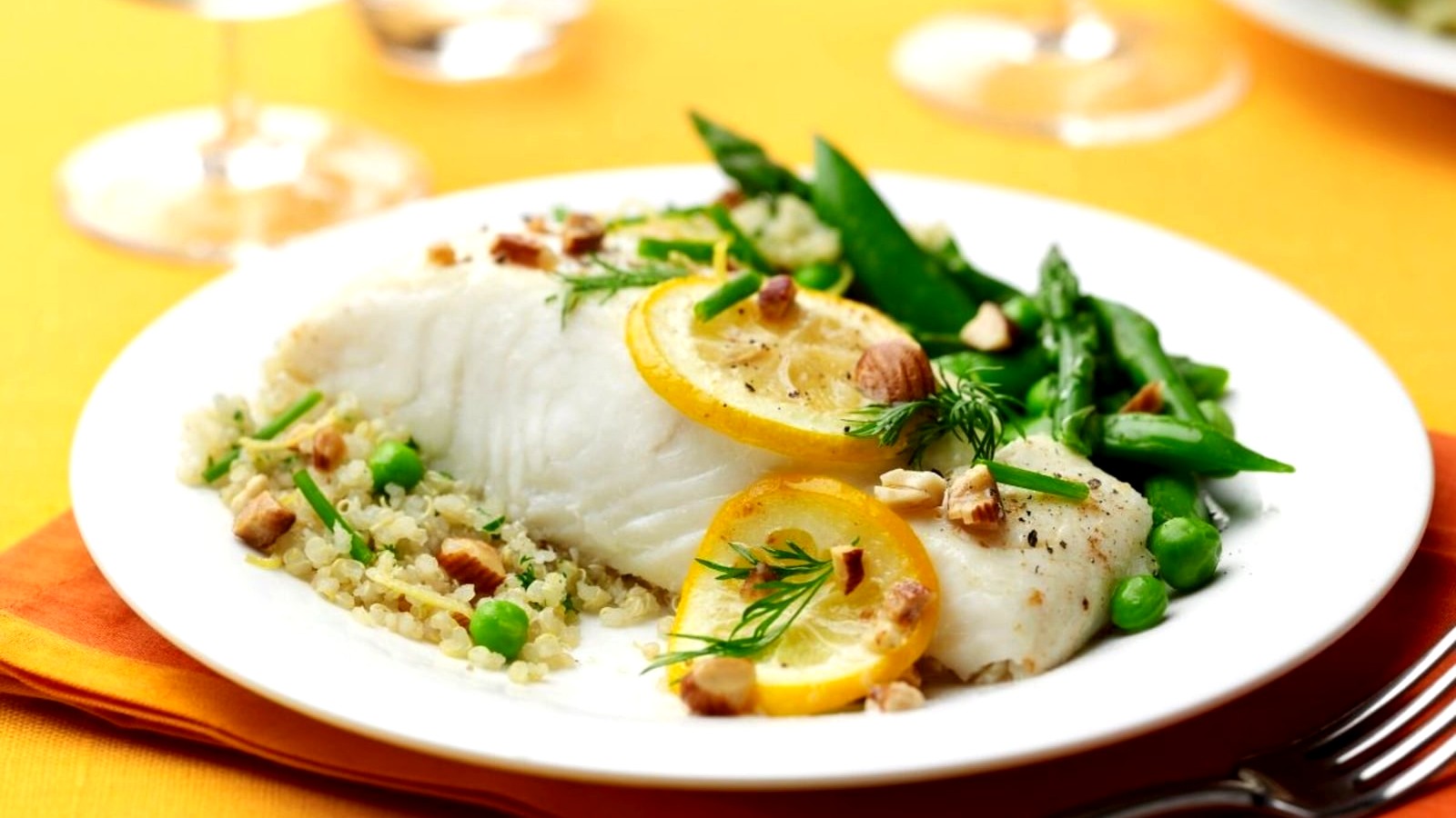 Image of Lemon Roasted Halibut with Quinoa, Almonds and Spring Vegetables