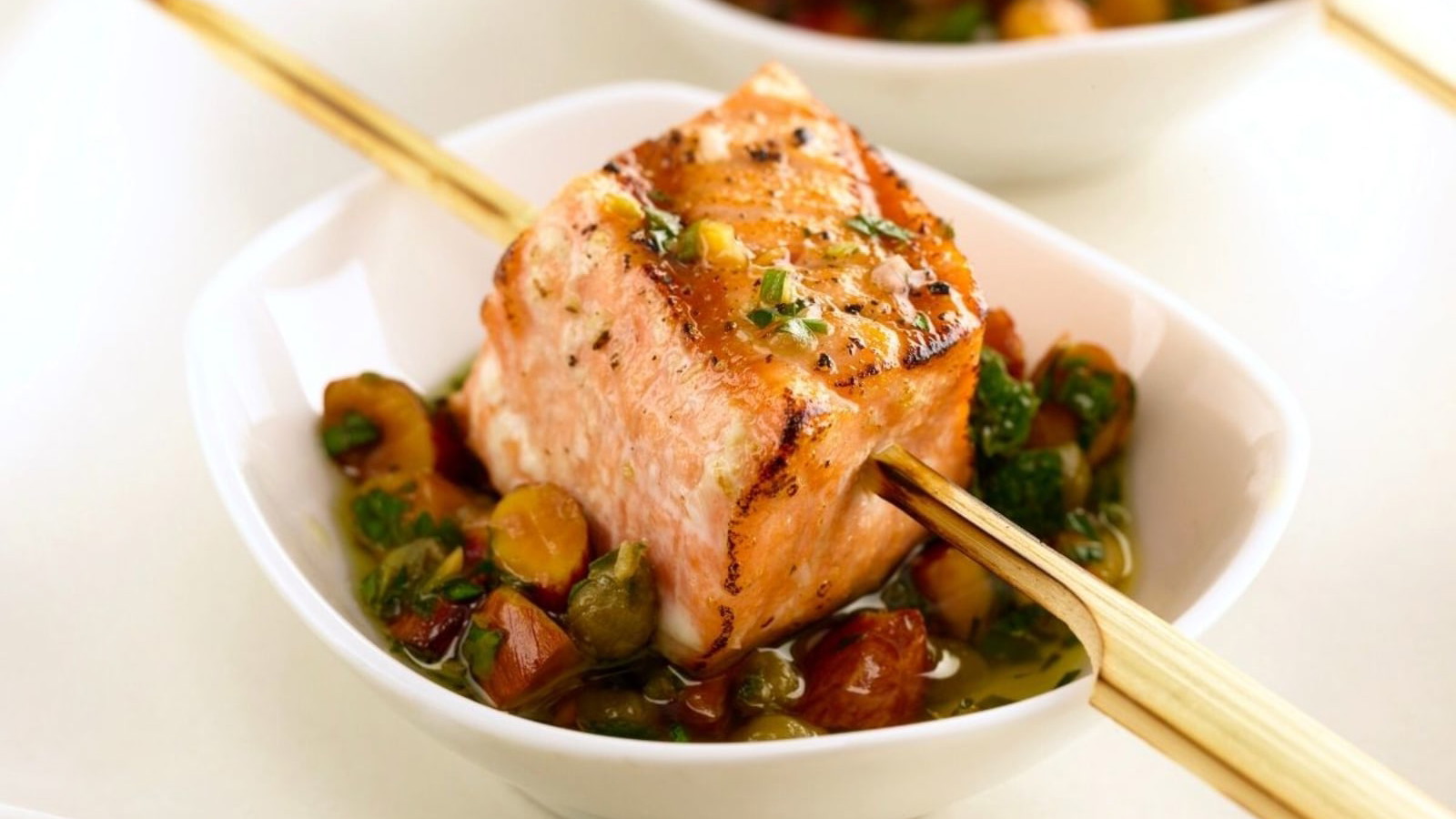 Image of Salmon Skewers with Almond Salsa Verde