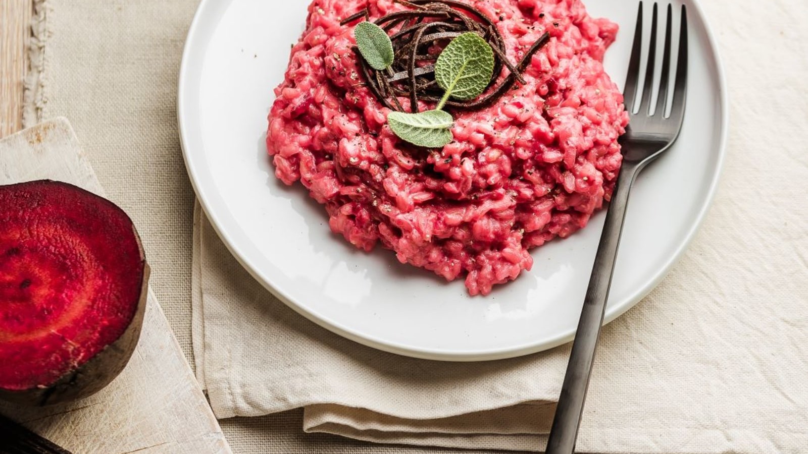 Image of Pink risotto with beetroot nests