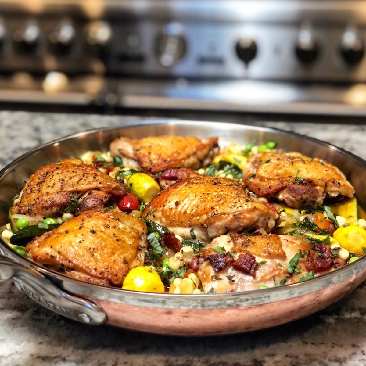 Crispy Chicken Thighs with Summer Succotash