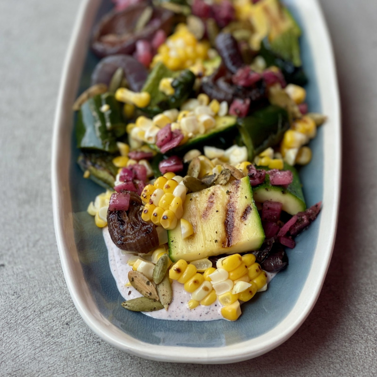 Corn and Poblano Pepper Salad with Oz Yogurt Sauce
