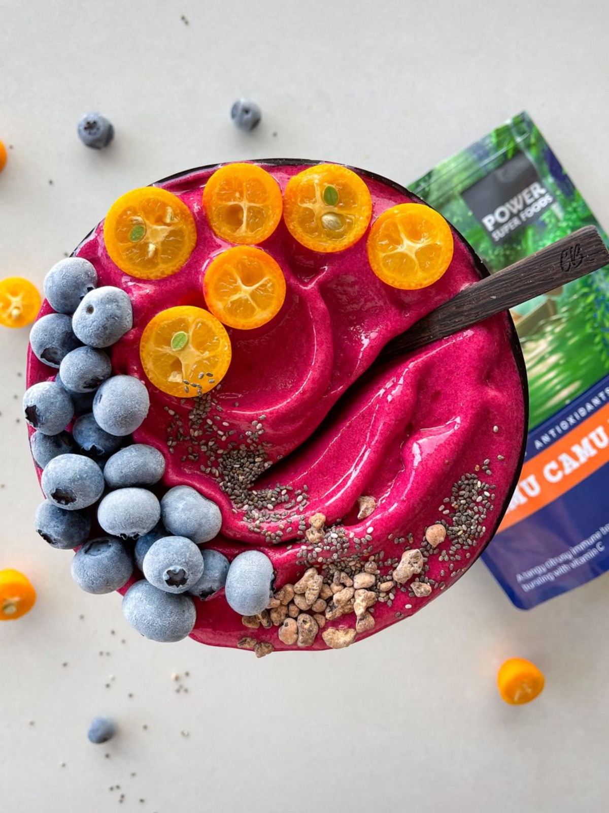 Camu Camu Smoothie Bowl with Beetroot and Strawberries 