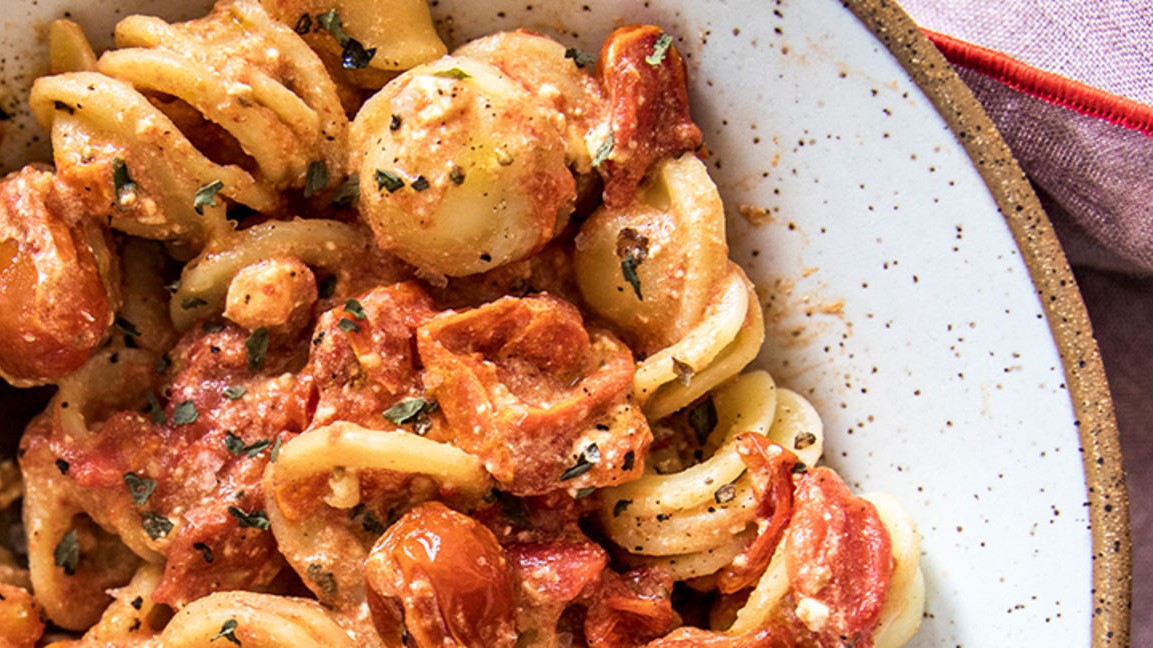 Image of Baked Feta and Tomatoes over Orecchiette Pasta