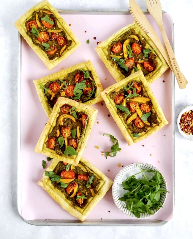 Image of Puff Pastry Tarts with Pesto, Peppers and Tomatoes