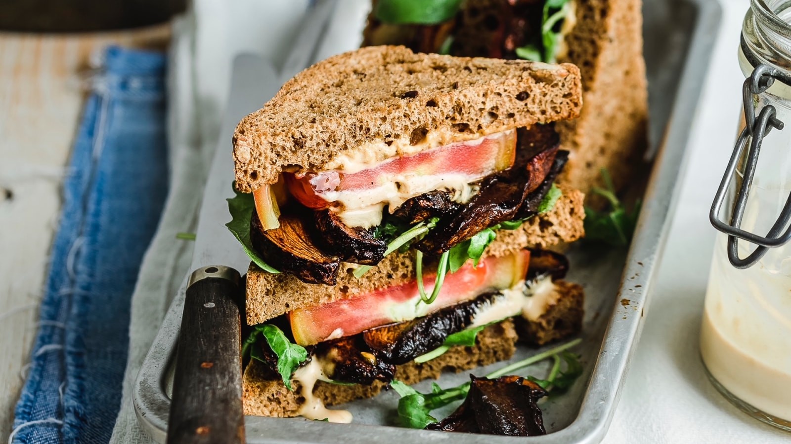 Image of Portobello club sandwich with cashew ‘mayo’