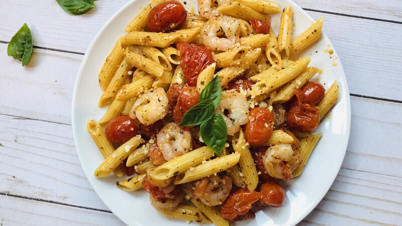 Image of Pasta with Burst Cherry Tomatoes and Shrimp