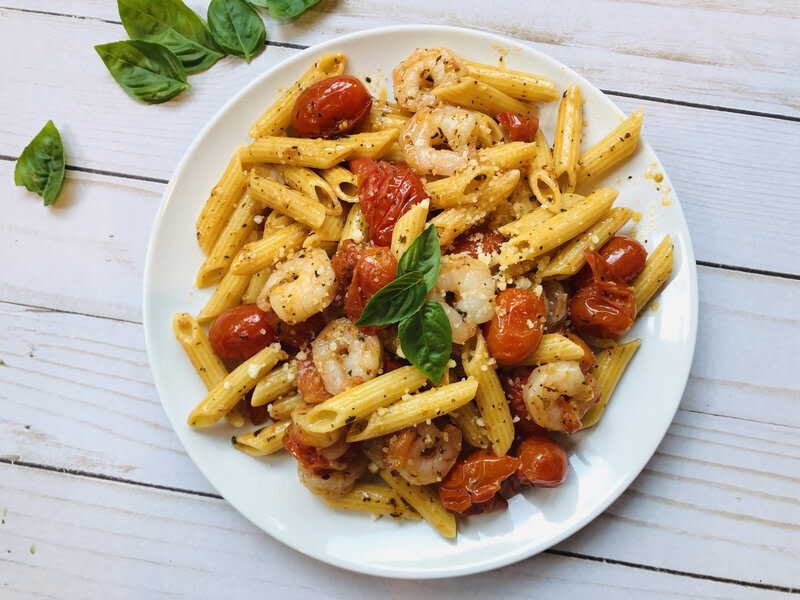 Pasta with Burst Cherry Tomatoes and Shrimp